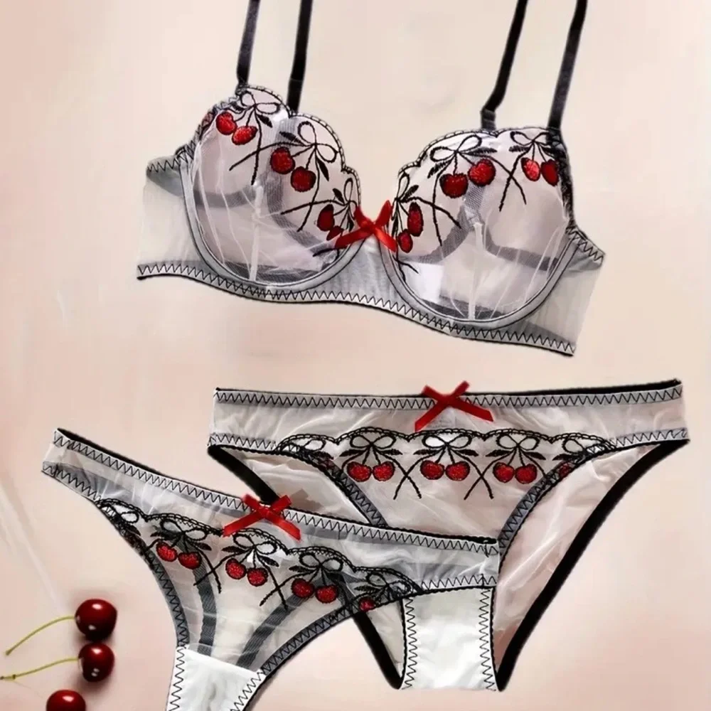 Cherry Embroidered Lingerie Set, Black, Red & White, NEW, 3 pcs. - Picture 6 of 9